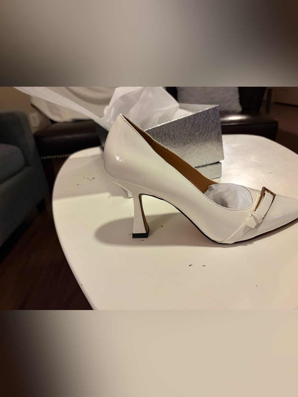 White Patent Pointed-Toe Low Heel Pump with Gold Accent